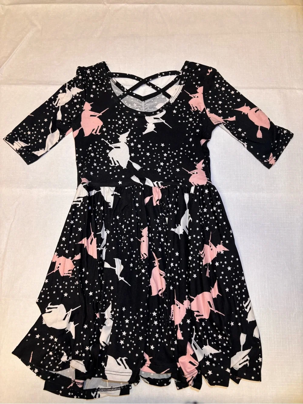 Girls Black Witches Print Skater Dress - Pink & White